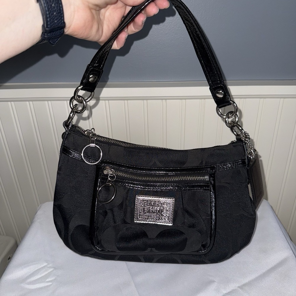 Coach Poppy Black Silver Signature C Shoulder Crossbody Bag Purse Handbag